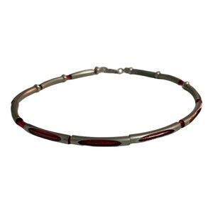 Vintage Cool Jewels Red Cord & Silver Tone Tube Necklace Choker 6”